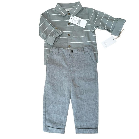 NWT MINICLASIX 2 Piece Woven Striped Shirt and Pant Set Sage Grey Size 12M - Picture 7 of 16